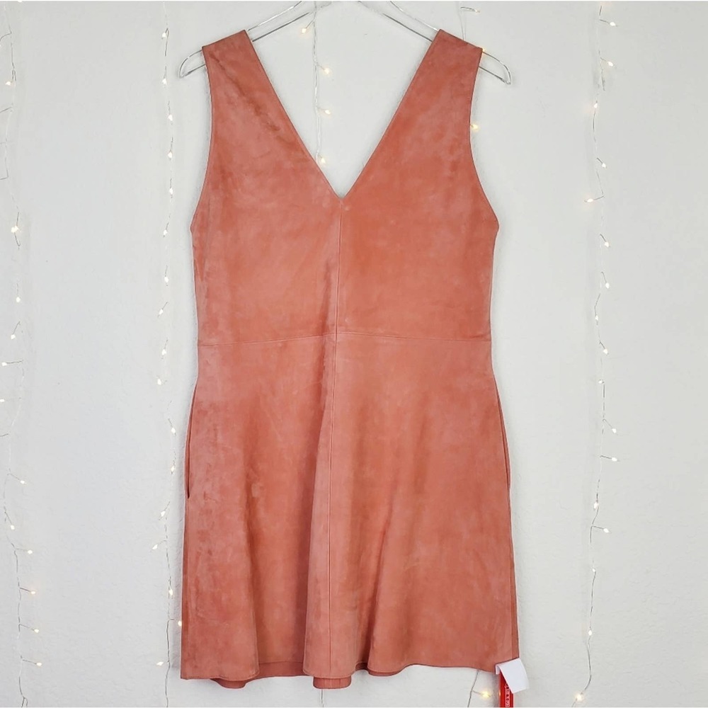 Theory Suede Pink Russet V Neck Sleeveless Shift Dress M NEW Lamb Leather Orange